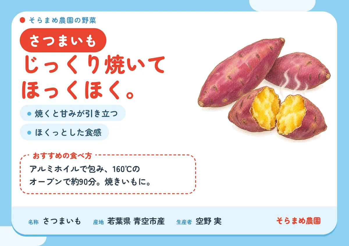 さつまいもの POP。「じっくり焼いてほっくほく。」の見出しと、焼きいもの作り方