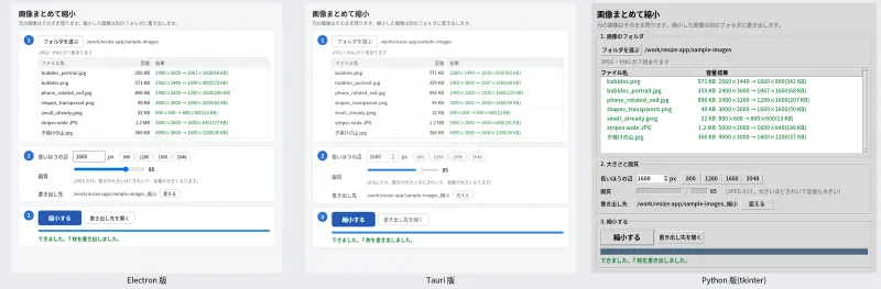 画像をまとめて縮小するアプリを、Electron・Tauri・Python で作った 3 つの画面。どれも 7 枚の縮小が終わっている