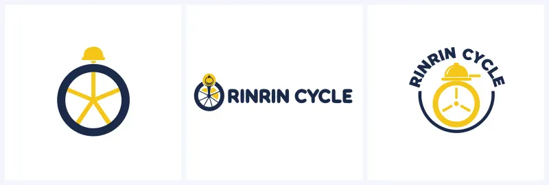 紺と黄色の 3 つのロゴ。左から、車輪とベルを組み合わせたマーク、マークの右に RINRIN CYCLE の文字を並べた形、丸い枠に沿って文字を並べたバッジの形