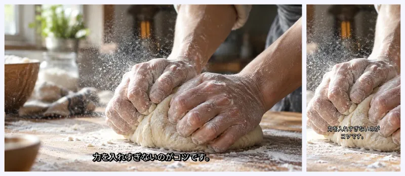 パンをこねる手元の動画に字幕が重なったコマ。左が横長、右が縦長に切り出した版