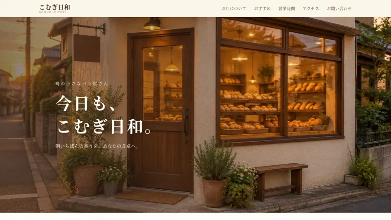 クリーム色と茶色でまとめた、架空のパン屋「こむぎ日和」の Web サイトの画面(PC の幅)