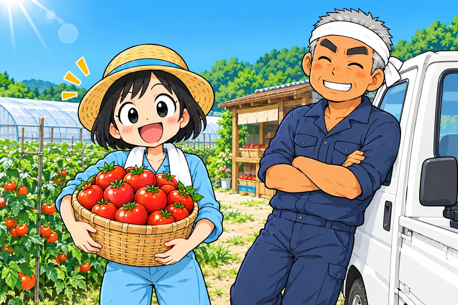 晴れた空の下、トマトのかごを持つ娘と、軽トラックにもたれて笑う父の絵