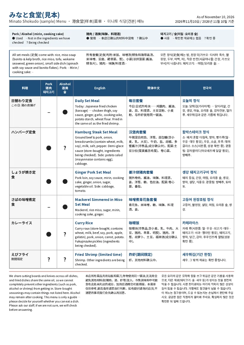 英語・中国語・韓国語のメニュー。料理の名前と主な材料、豚肉とお酒を使っているかの印