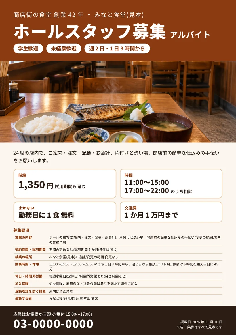 ホールスタッフ募集のポスター。時給・時間・まかない・交通費と、募集要項の表、掲載日