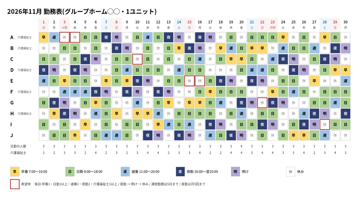 11 月のシフト表の案。早番・日勤・遅番・夜勤・明け・休みが色分けされている