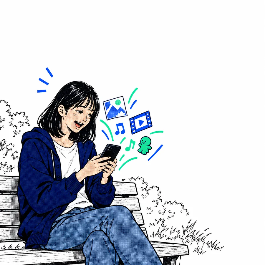 ベンチに座った学生が、スマホで AI に頼みごとをしている絵