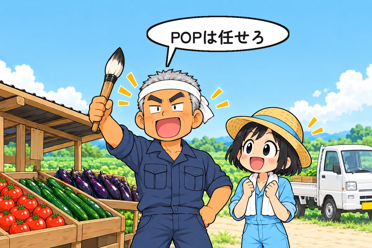 朝の直売所。父が筆を掲げる(4 コマ漫画の起)