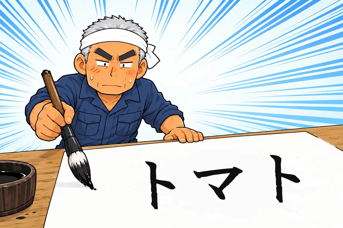 父が真剣な顔で、大きな紙に書き上げる(4 コマ漫画の承)