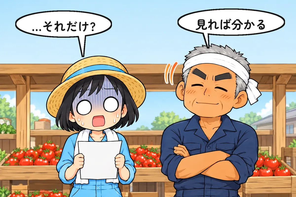 紙を持って固まるみのり、腕組みの父(4 コマ漫画の転)