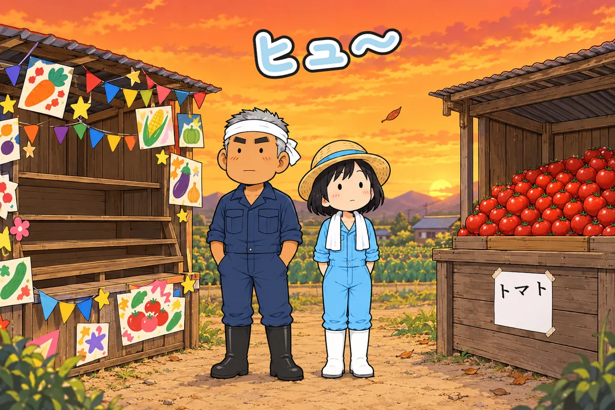 夕方。隣の棚は空っぽ(飾りのPOPだけ)、うちの棚はトマトが山盛り。親子が遠い目(4 コマ漫画の結)
