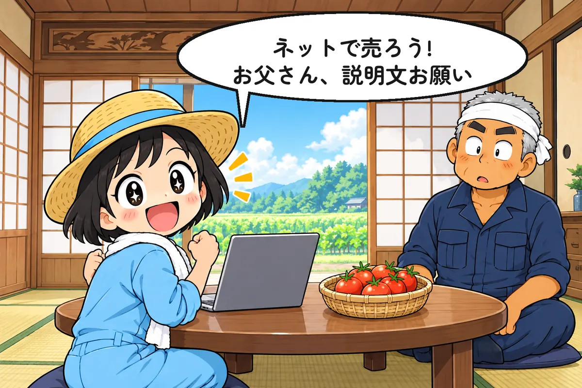 居間でノートパソコンを開くみのり(4 コマ漫画の起)