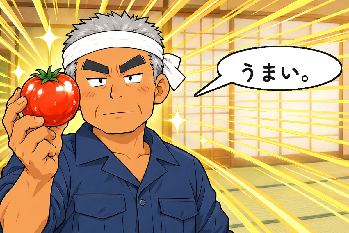 父がトマトを手に、きりっと(4 コマ漫画の承)