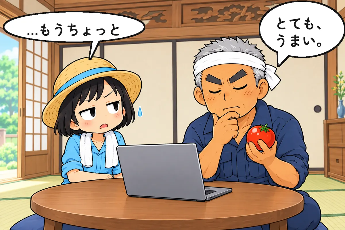 あきれ顔のみのり、考え込む父(4 コマ漫画の転)