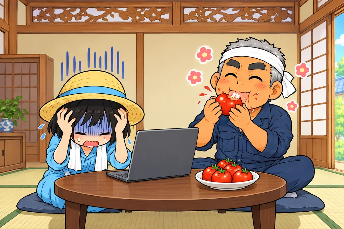 頭を抱えるみのり、満足げにトマトをかじる父(4 コマ漫画の結)