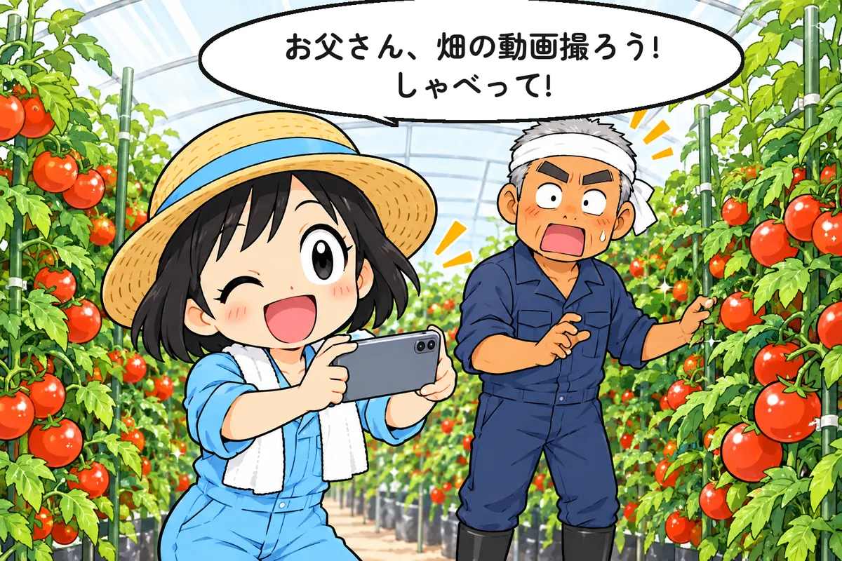 ビニールハウスでスマホを構えるみのり(4 コマ漫画の起)