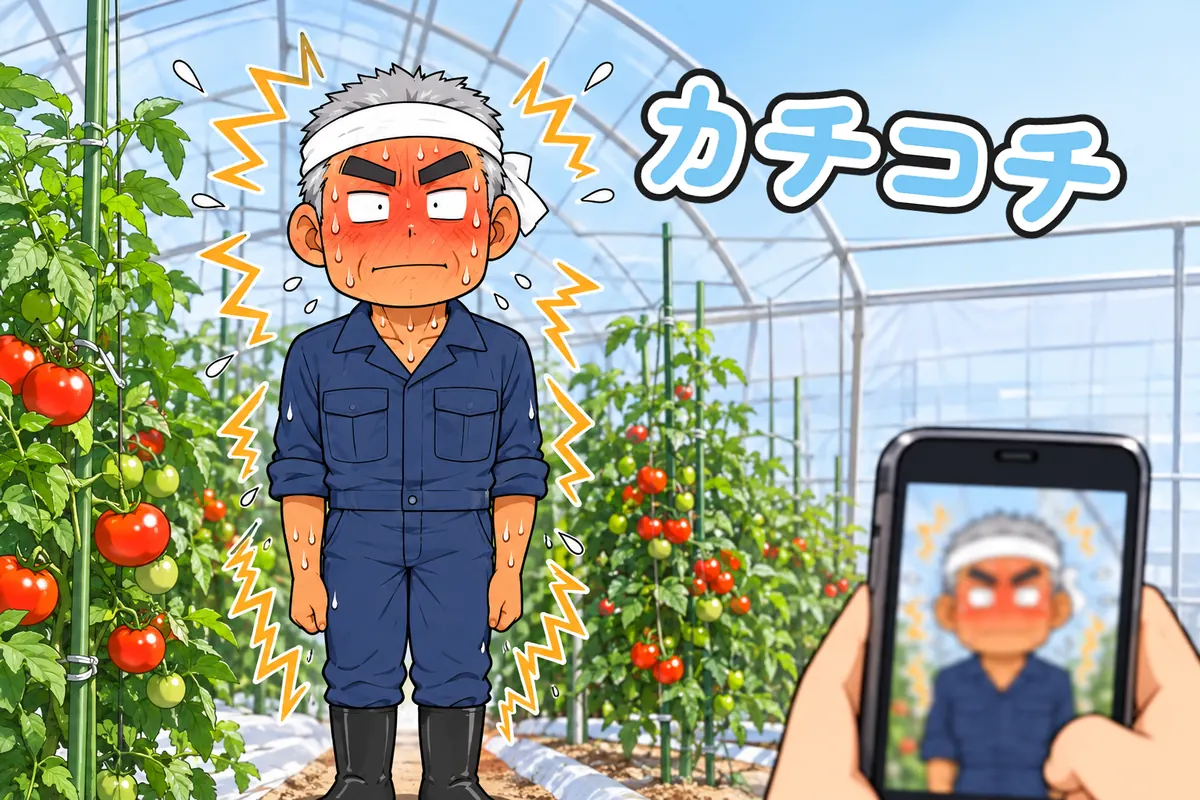 直立不動で固まる父(4 コマ漫画の承)