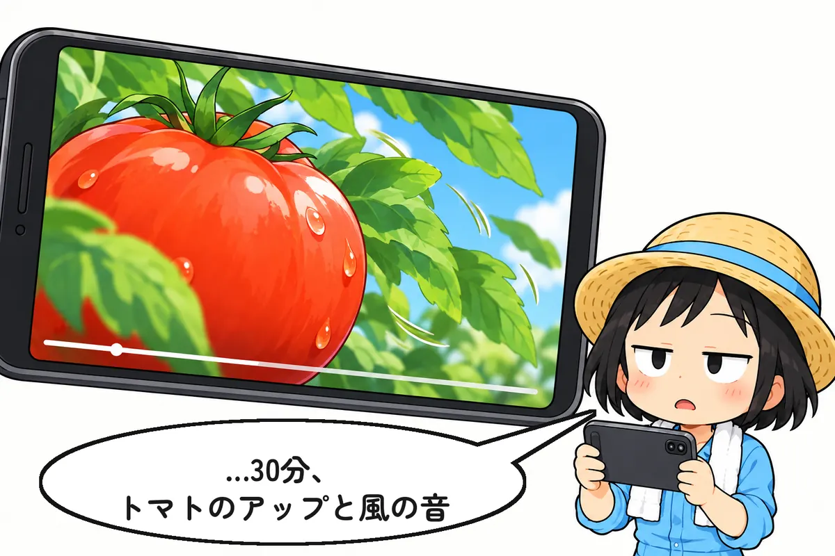 再生した動画はトマトのアップと揺れる葉っぱだけ(4 コマ漫画の転)