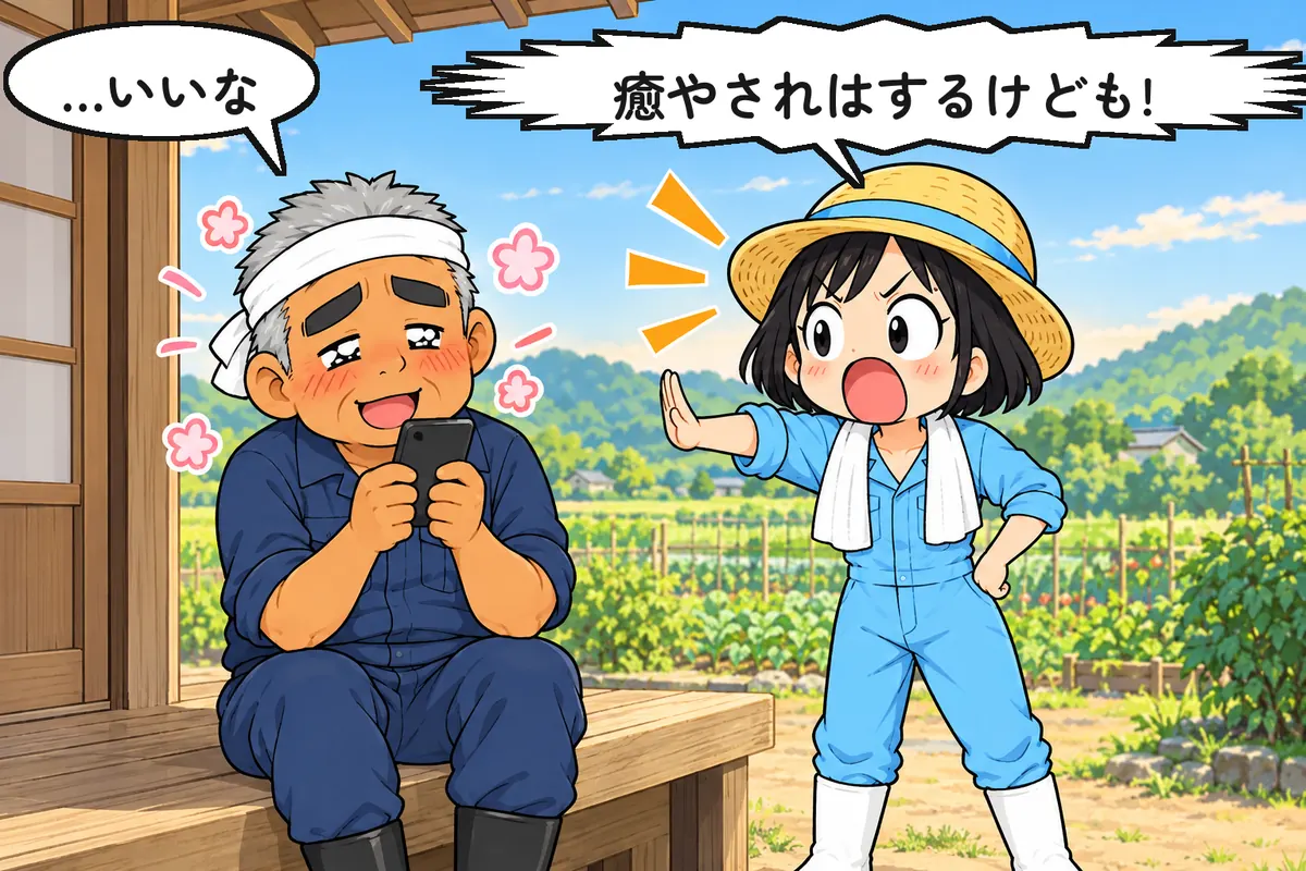 縁側で動画をうっとり見る父、ツッコむみのり(4 コマ漫画の結)