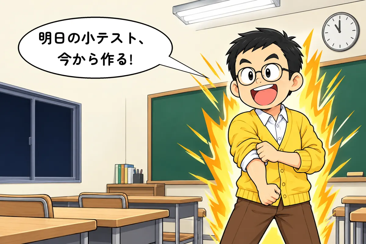 夜11時の教室で腕まくりする塾長(4 コマ漫画の起)