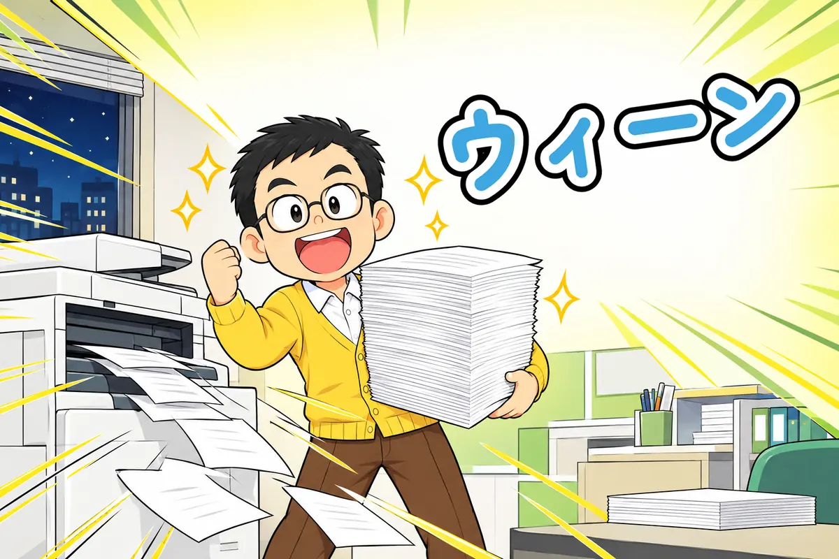 コピー機の前で紙の山を抱えてガッツポーズ(4 コマ漫画の承)