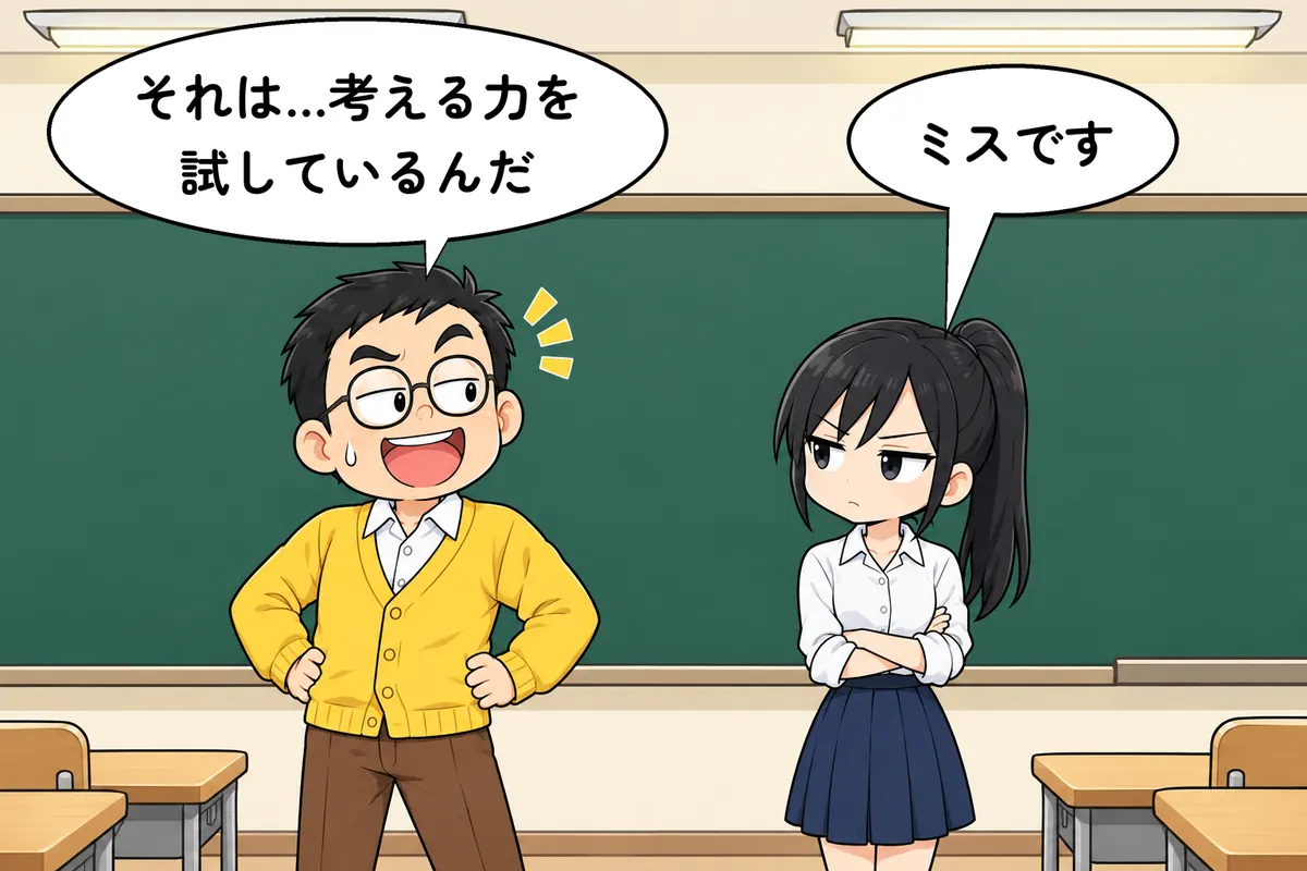 胸を張る塾長と冷静なさくら(4 コマ漫画の結)