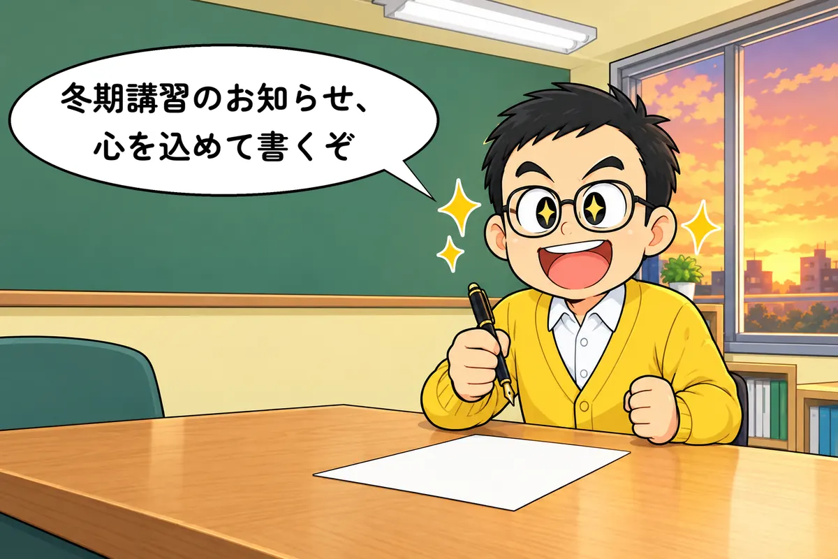 机で万年筆を握る塾長(4 コマ漫画の起)