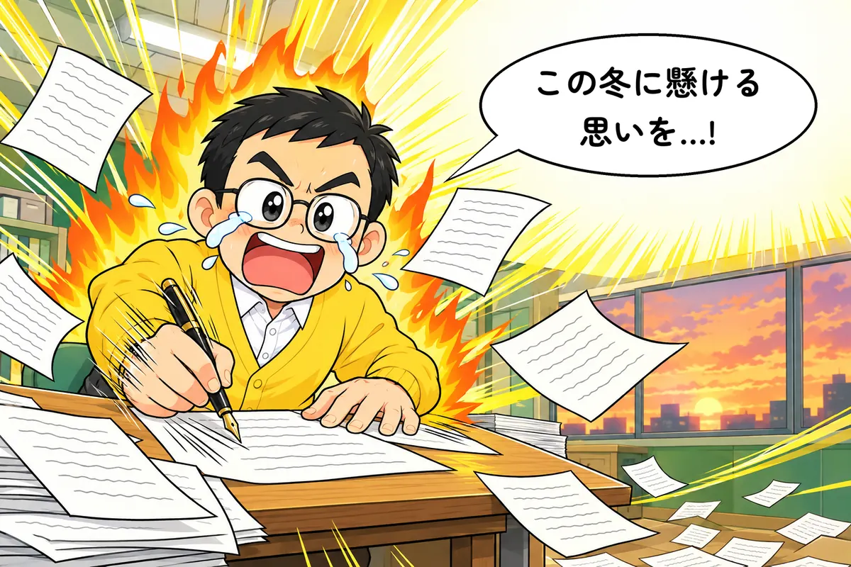 紙が机から床へあふれる(4 コマ漫画の承)