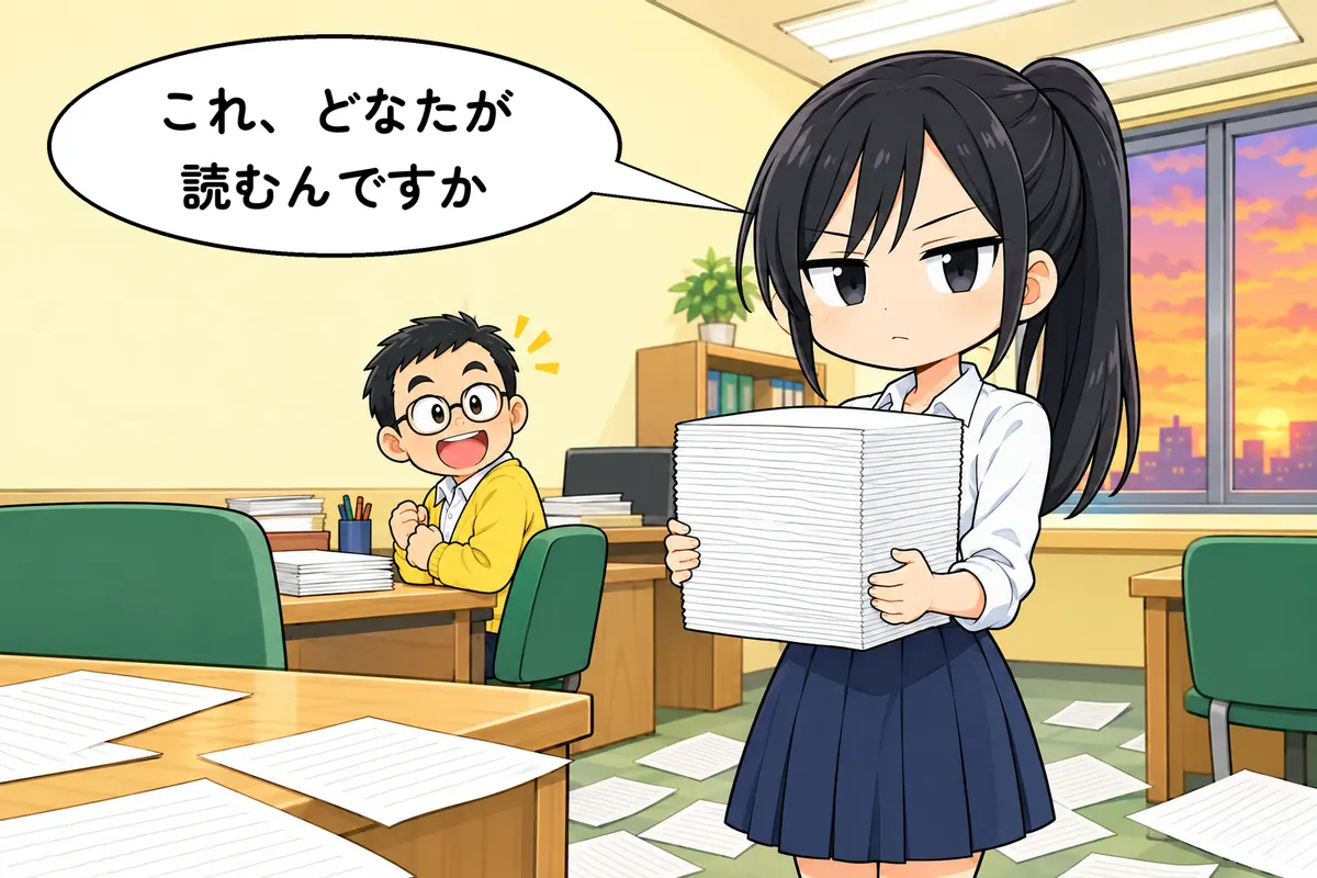 紙の束を持ち上げるさくら(4 コマ漫画の転)