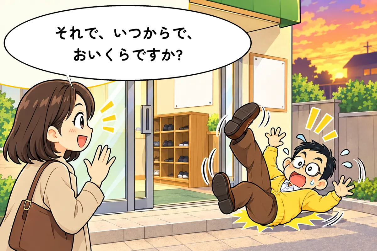 入口で保護者が質問、後ろでずっこける塾長(4 コマ漫画の結)