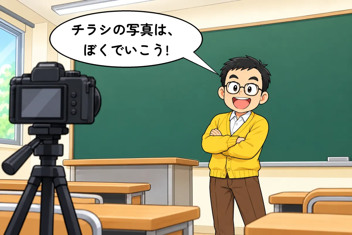 カメラの前で腕組みする塾長(4 コマ漫画の起)