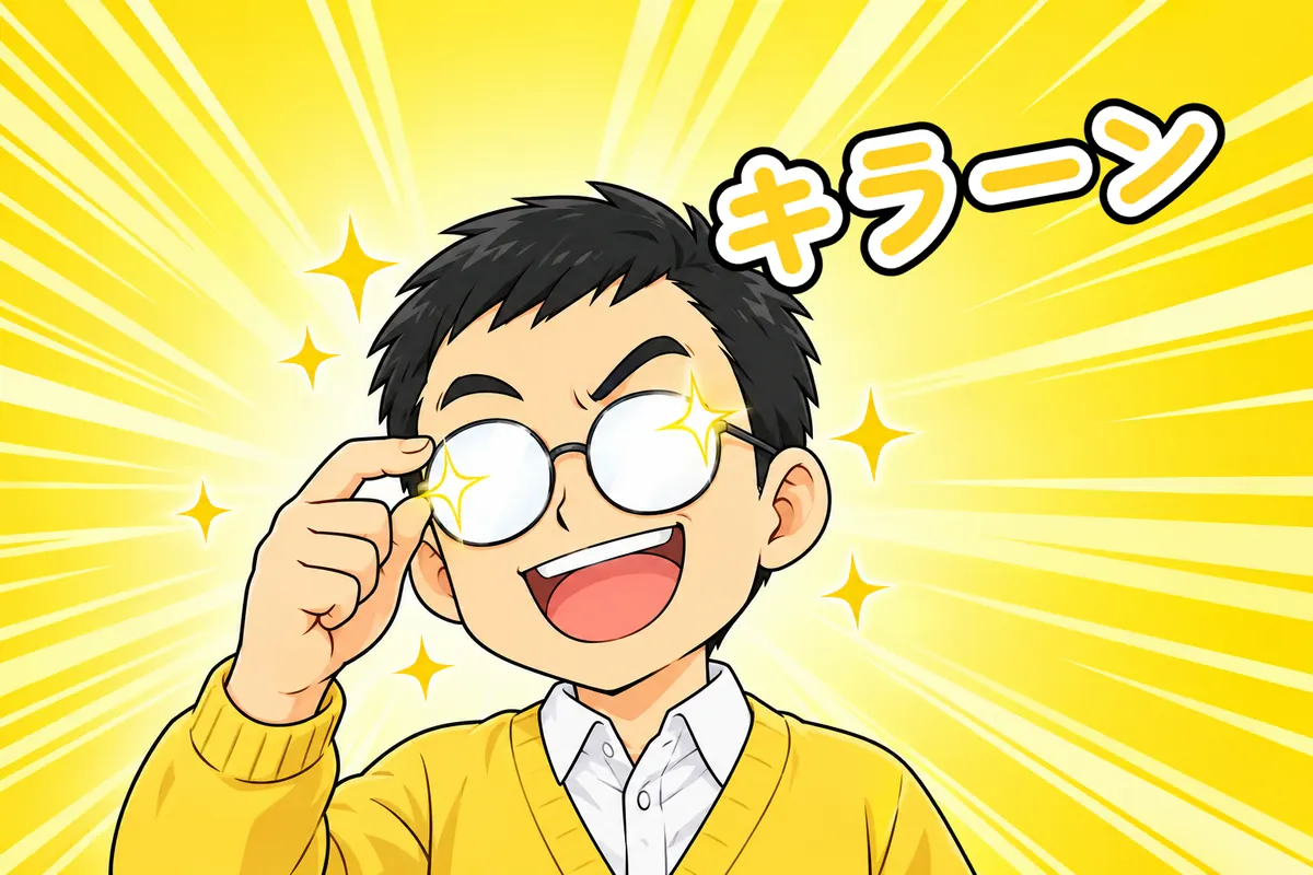 ドヤ顔のアップ、光るめがね(4 コマ漫画の承)