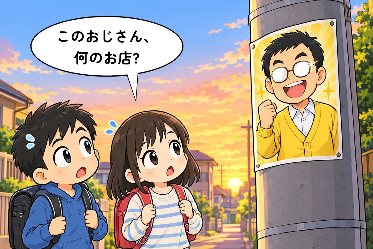 道ばたでチラシを見る小学生の2人組(4 コマ漫画の転)