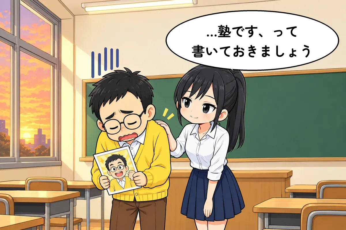 肩を落とす塾長の肩をたたくさくら(4 コマ漫画の結)
