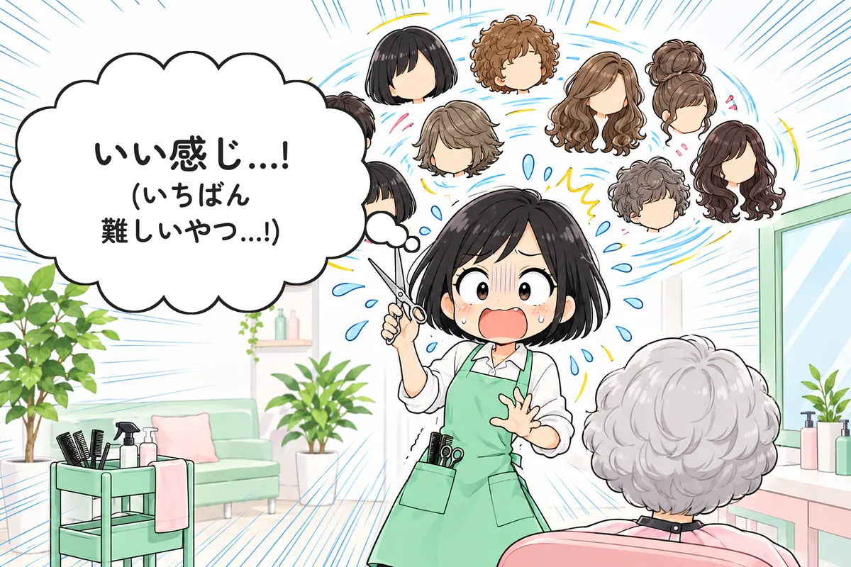 ハサミを持ったまま固まる店長のゆい。頭の上にたくさんの髪型が渦を巻いて浮かぶ(4 コマ漫画の承)