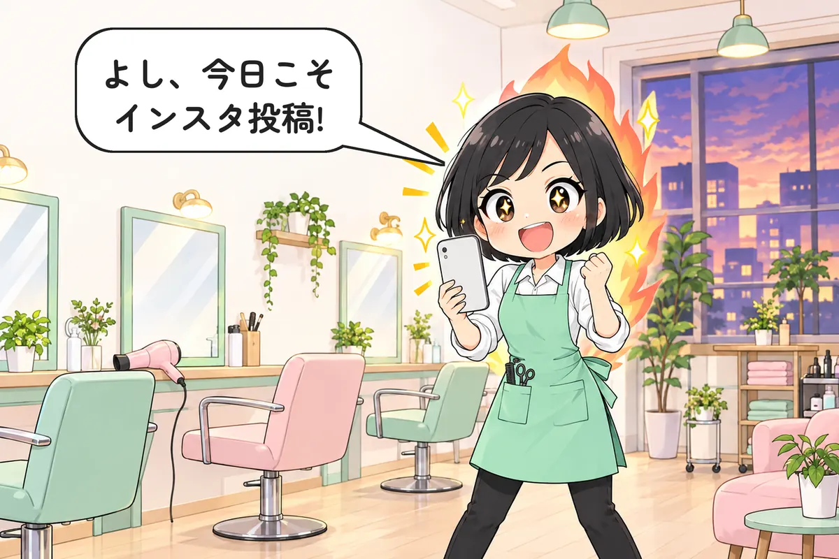 閉店後の店内で、スマホを構えてやる気満々のゆい(4 コマ漫画の起)