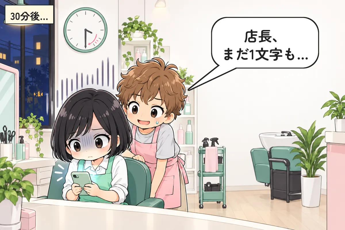 30 分後、後ろからのぞき込むアシスタントのたくみ(4 コマ漫画の転)