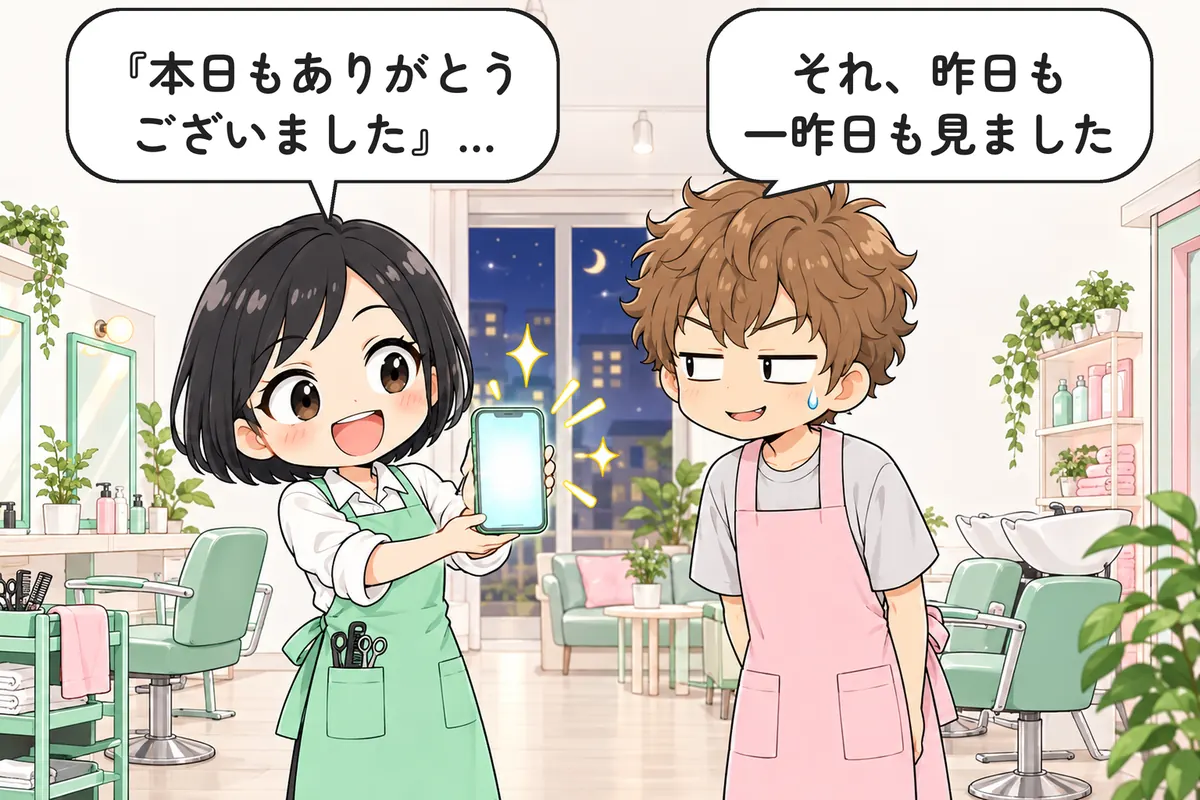 やっと打った文を見せるゆいと、目を細めるたくみ(4 コマ漫画の結)