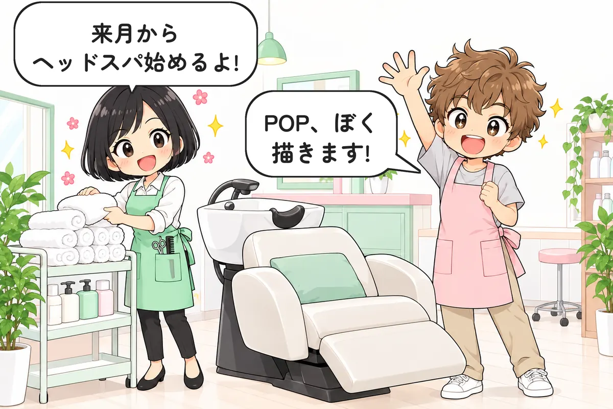 ヘッドスパの準備をしながら話すゆいと、手を挙げるたくみ(4 コマ漫画の起)