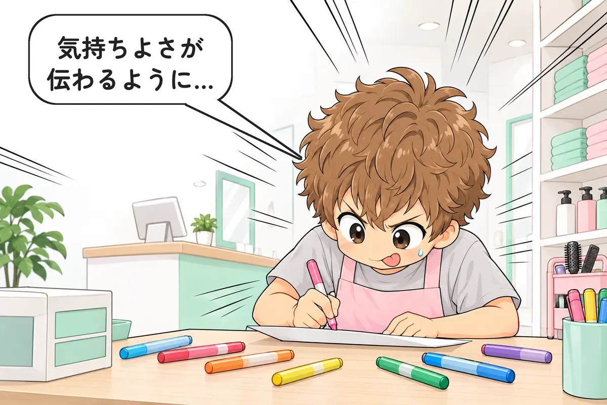 机で一生懸命に POP を手描きするたくみ(4 コマ漫画の承)