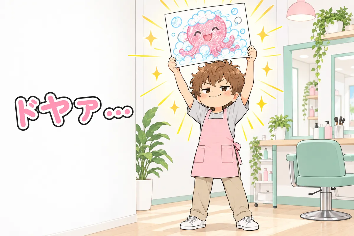 できあがった POP を得意げに掲げるたくみ。絵はタコのような生き物(4 コマ漫画の転)