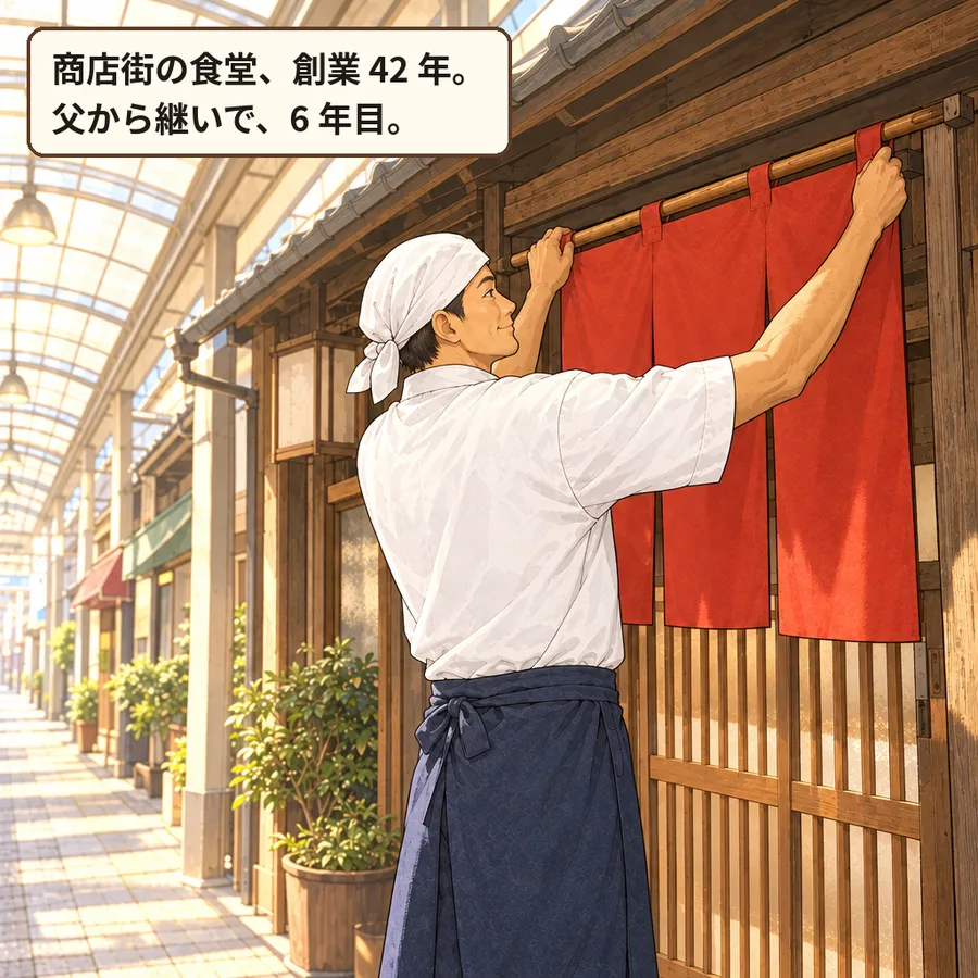 朝の商店街。古い食堂の入り口に、店主の片山さんが朱色ののれんを掛けている