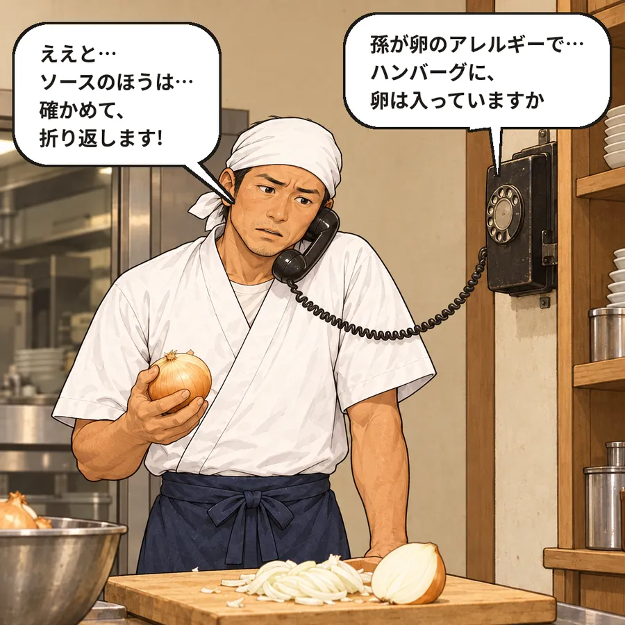 開店前。受話器を肩にはさみ、玉ねぎを持ったまま電話に出る片山さん。困った顔をしている