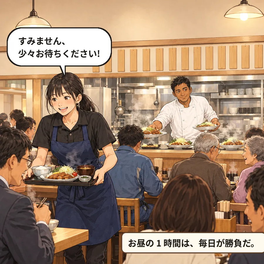 昼の満席の店内。トレーを持って急ぐアルバイトのあかりさんと、厨房で次々に皿を出すラジさん