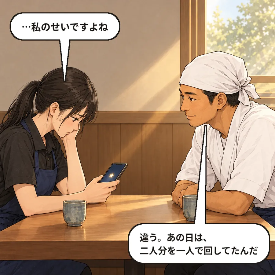 午後の休憩中のテーブル。星がひとつだけ光るスマホの画面を見て落ち込むあかりさんと、向かいに座る片山さん
