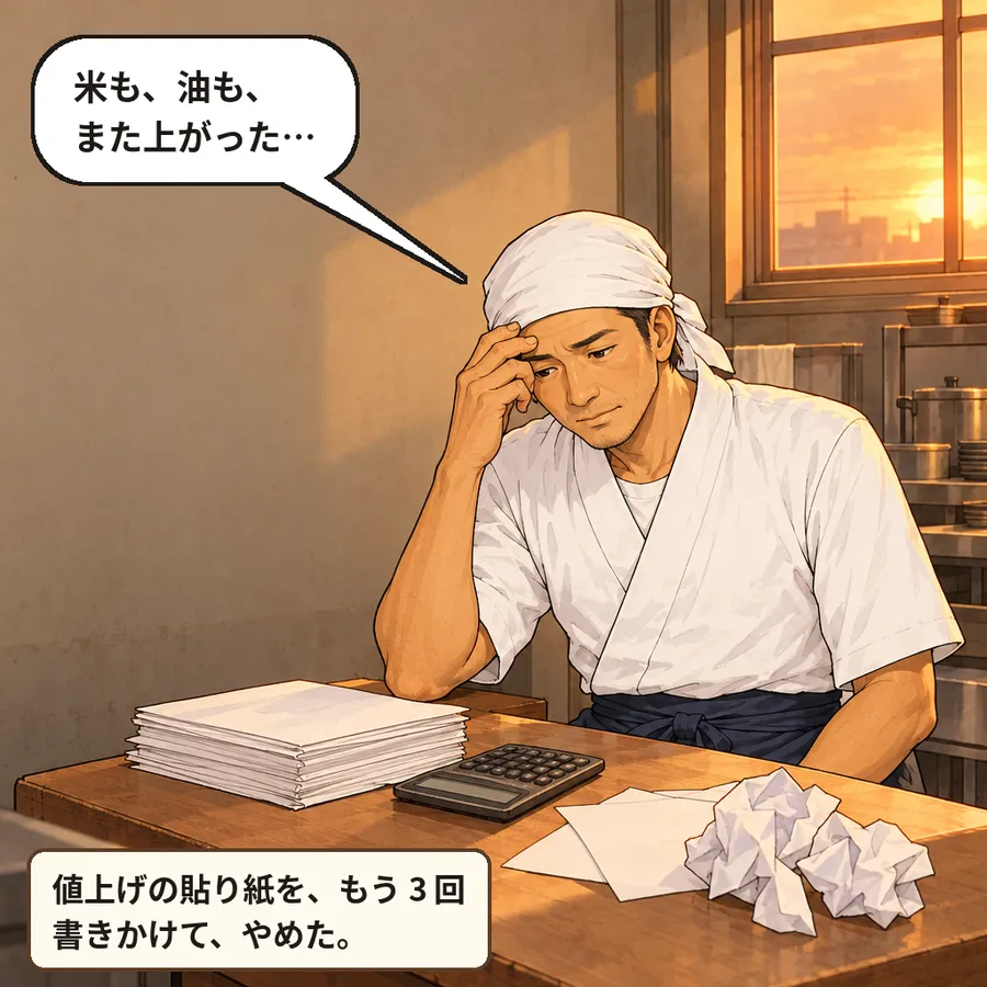 夕方、厨房の隅の小さな机。請求書の束と電卓を前に、頭を抱える片山さん