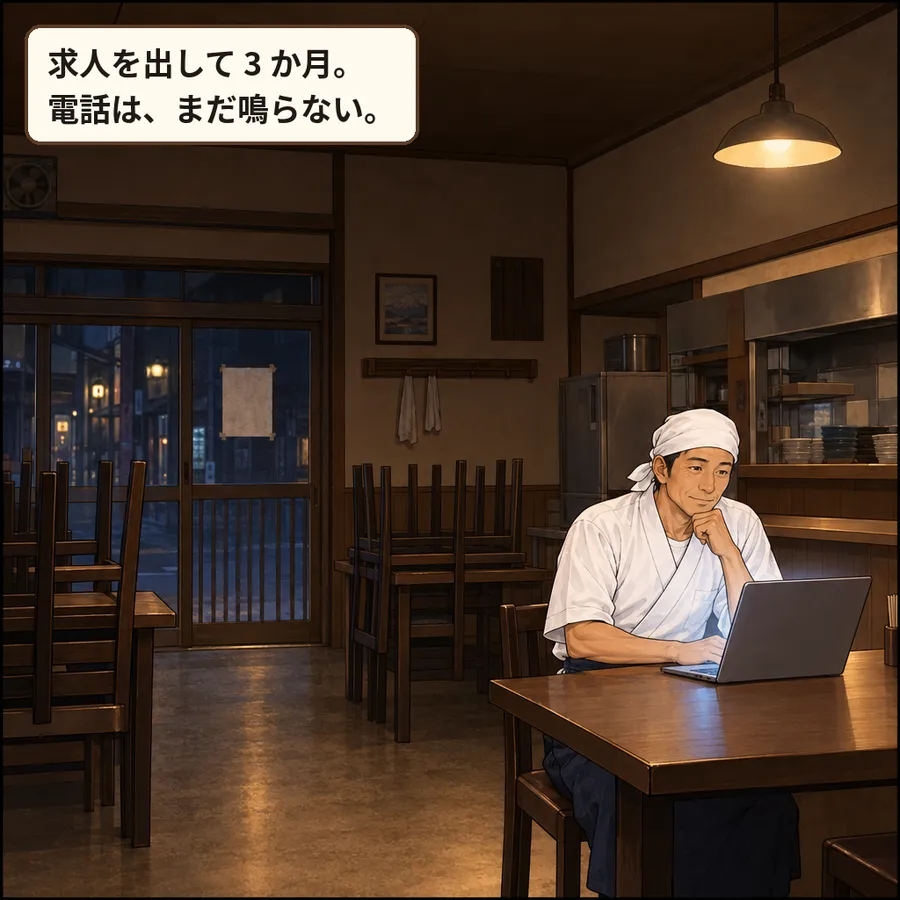 閉店後のがらんとした店内。テーブルでノートパソコンを開く片山さん。入口のガラスに色あせた貼り紙