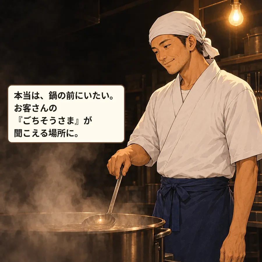 深夜、明かりを一つだけ残した厨房。明日の出汁の鍋の前に一人で立ち、少しほほえむ片山さん