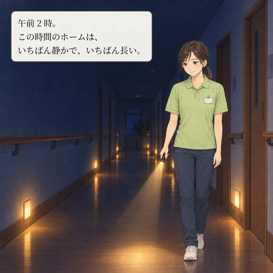深夜、常夜灯だけの静かな廊下を巡回する春川さん