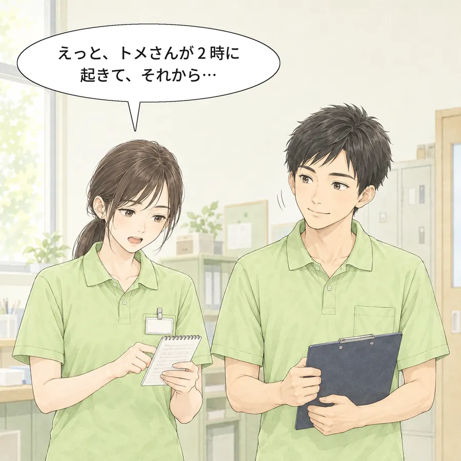 朝の申し送り。メモを見ながら早番の佐藤さんに伝える春川さん