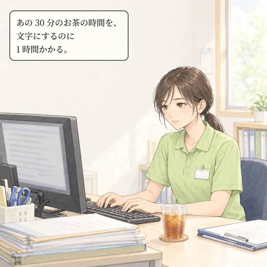 夜勤明けに、事務所のパソコンで記録を打つ春川さん